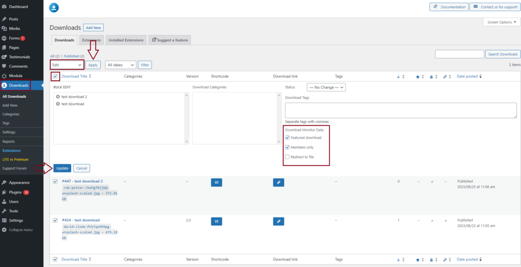 Support Bulk Download How to bulk edit your downloads - Download Monitor
