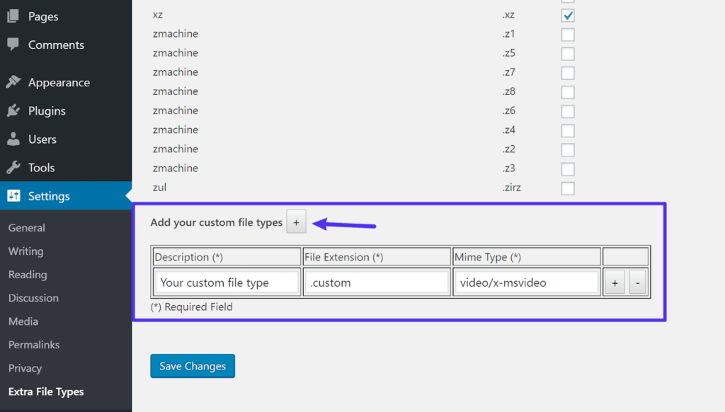 You'll find a comprehensive list of file types. Check the box next to the file type(s) you wish to enable for upload and then click "Save Changes" at the bottom.